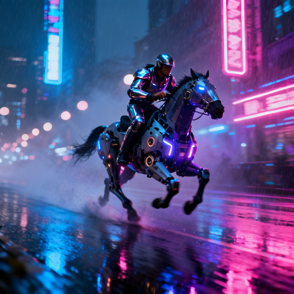 AI cyberpunk rider on a biomechanical horse