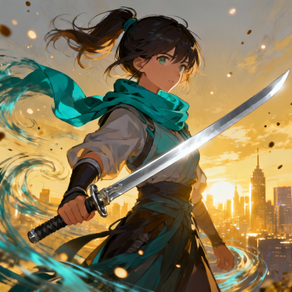 AI Genshin-style swordswoman with wind effects over a glowing skyline