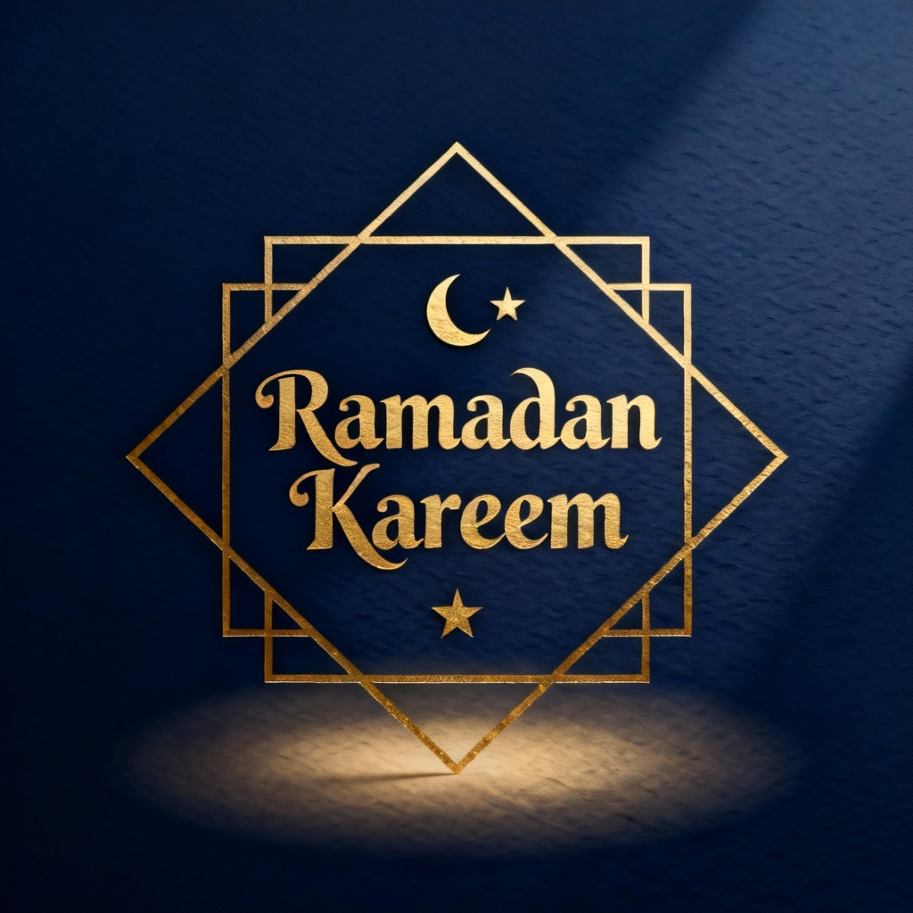 Minimal navy and gold Ramadan Kareem card with geometric frame