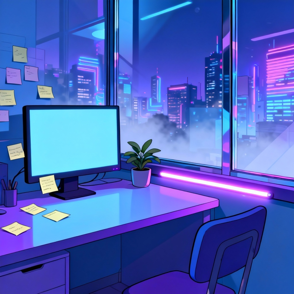 AI minimal lofi study background with night city skyline