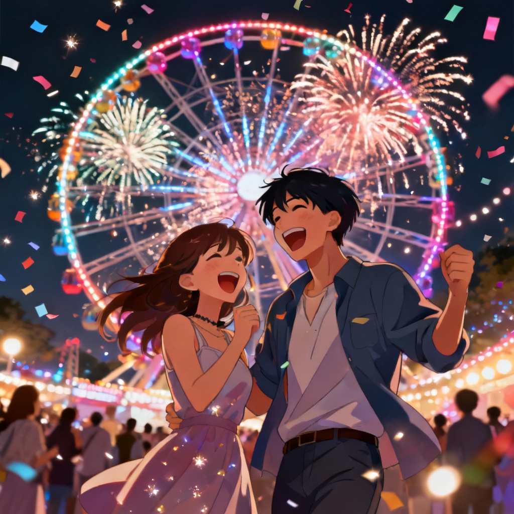 AI anime date by a ferris wheel with fireworks in a city park