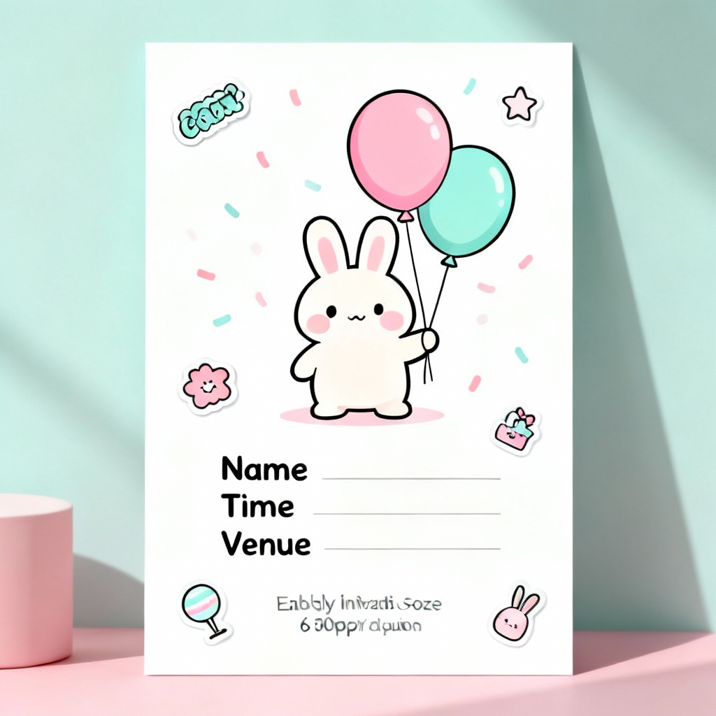 AI cute pastel bunny birthday invitation card