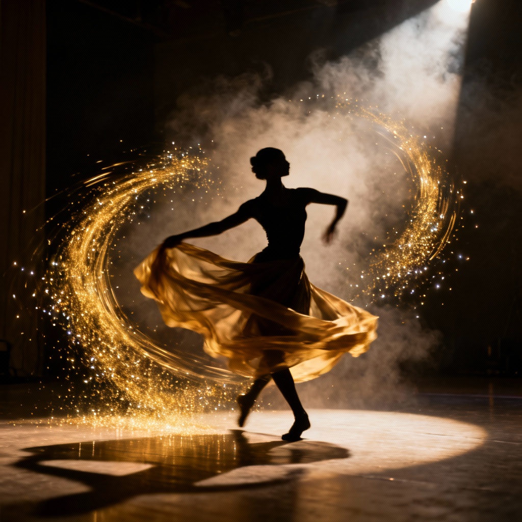 Dancer leaving gold sparkle motion trail