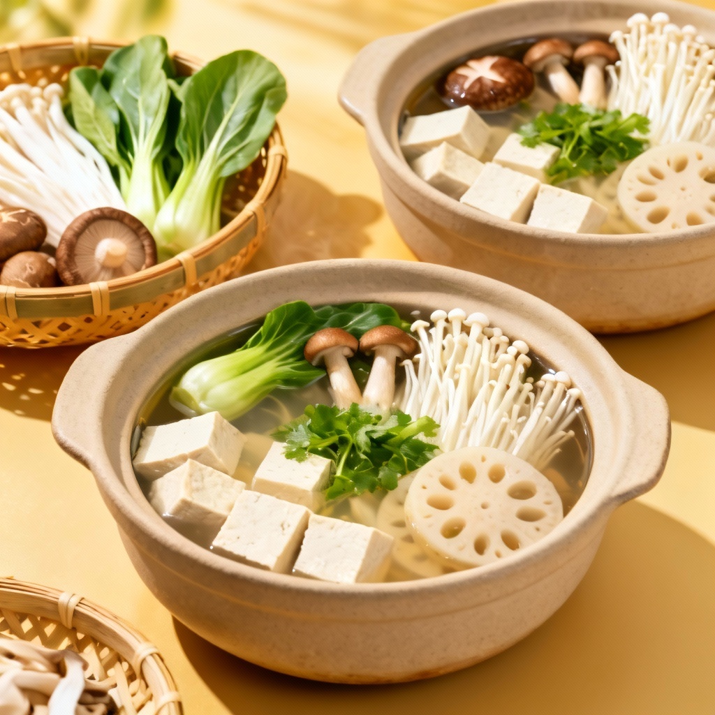 Vegetarian herbal hotpot with tofu and mushrooms
