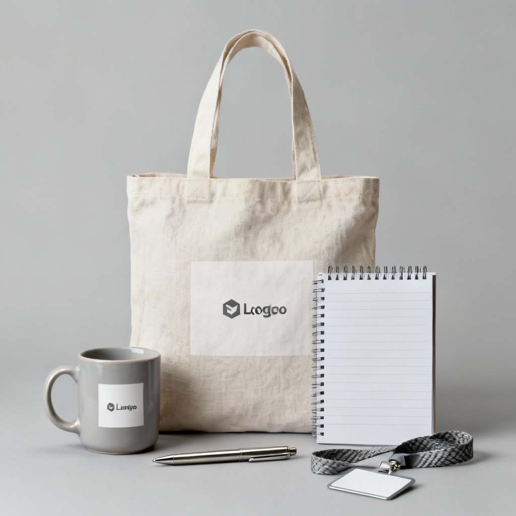 Brandable promotional merch bundle with mug, tote, notebook, and pen