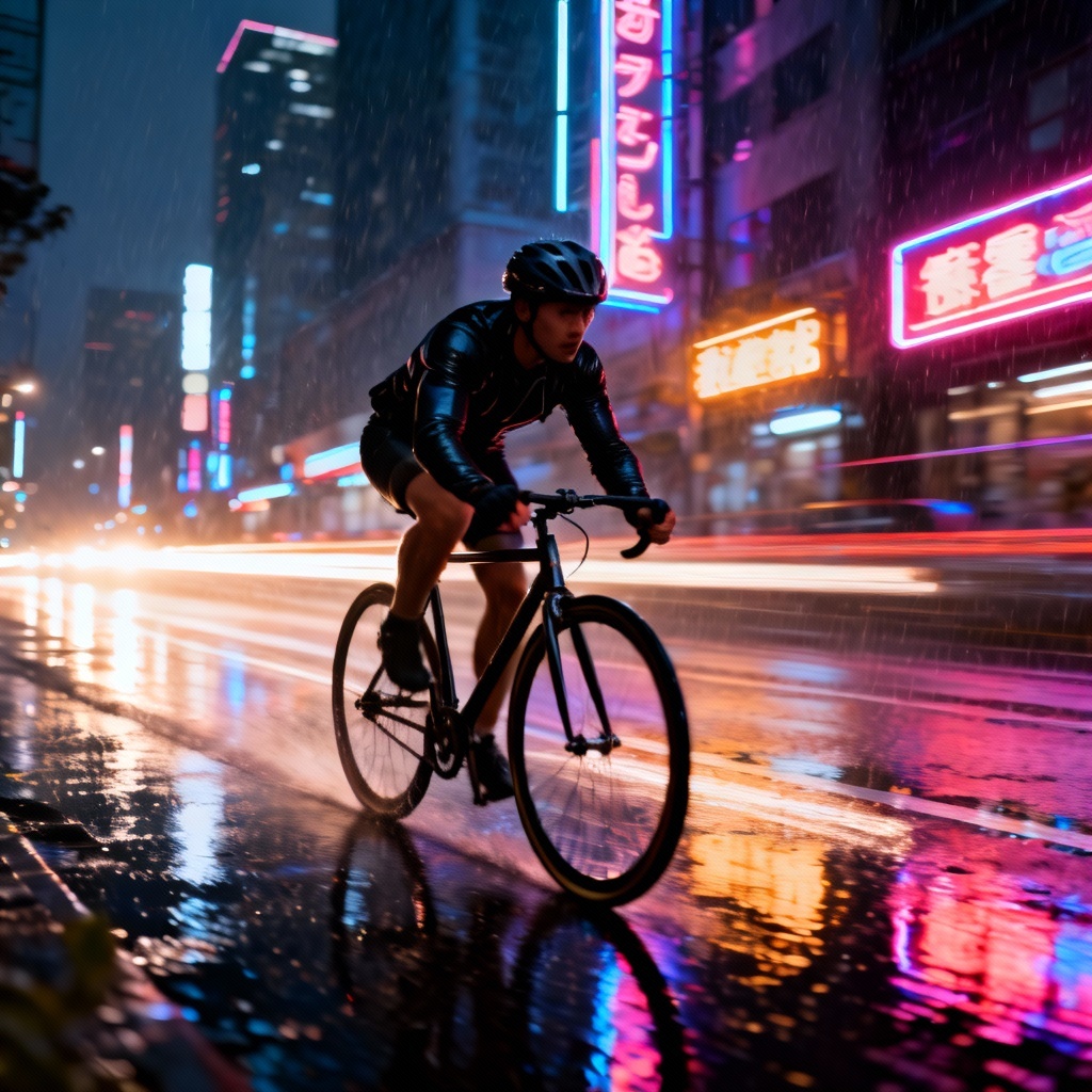 AI urban night cycling scene with neon reflections