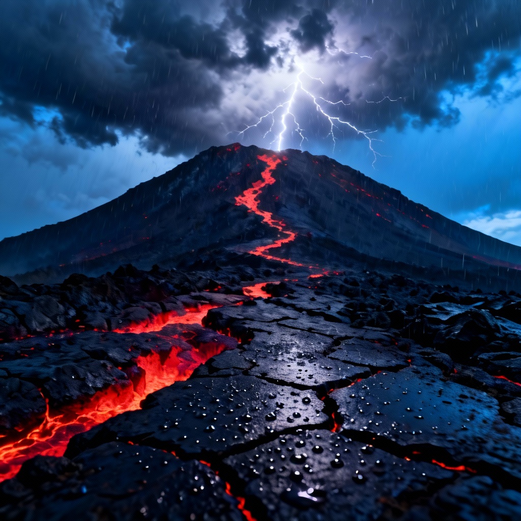 AI volcanic mountain ridge during storm with lightning