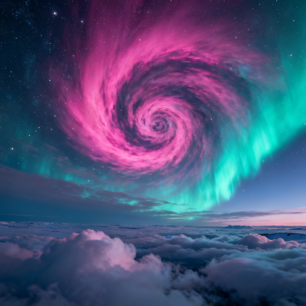 AI magenta and teal spiral aurora in the night sky