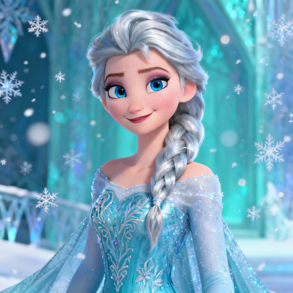 AI Elsa-style ice queen portrait with snowflakes and blue gown