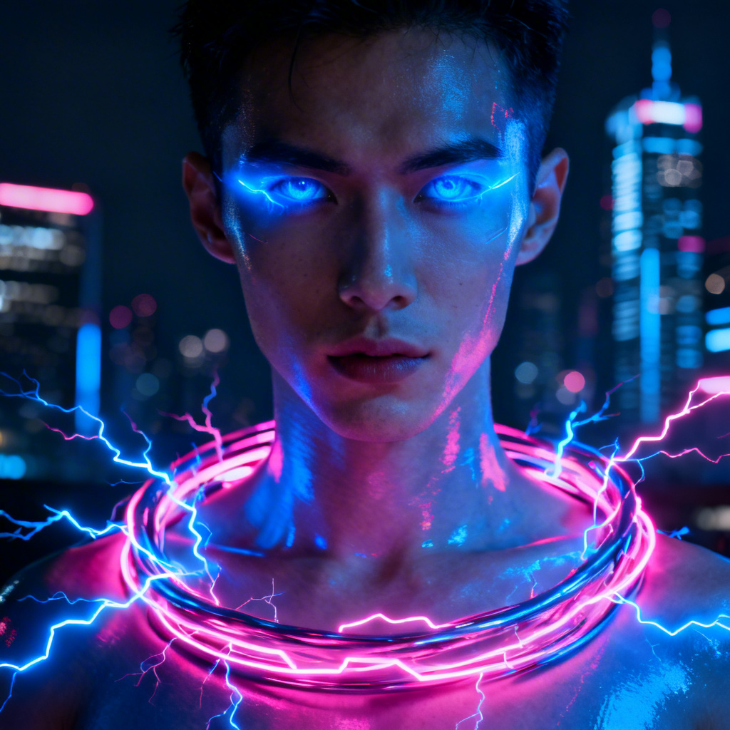 Cyberpunk portrait with electric shock arcs