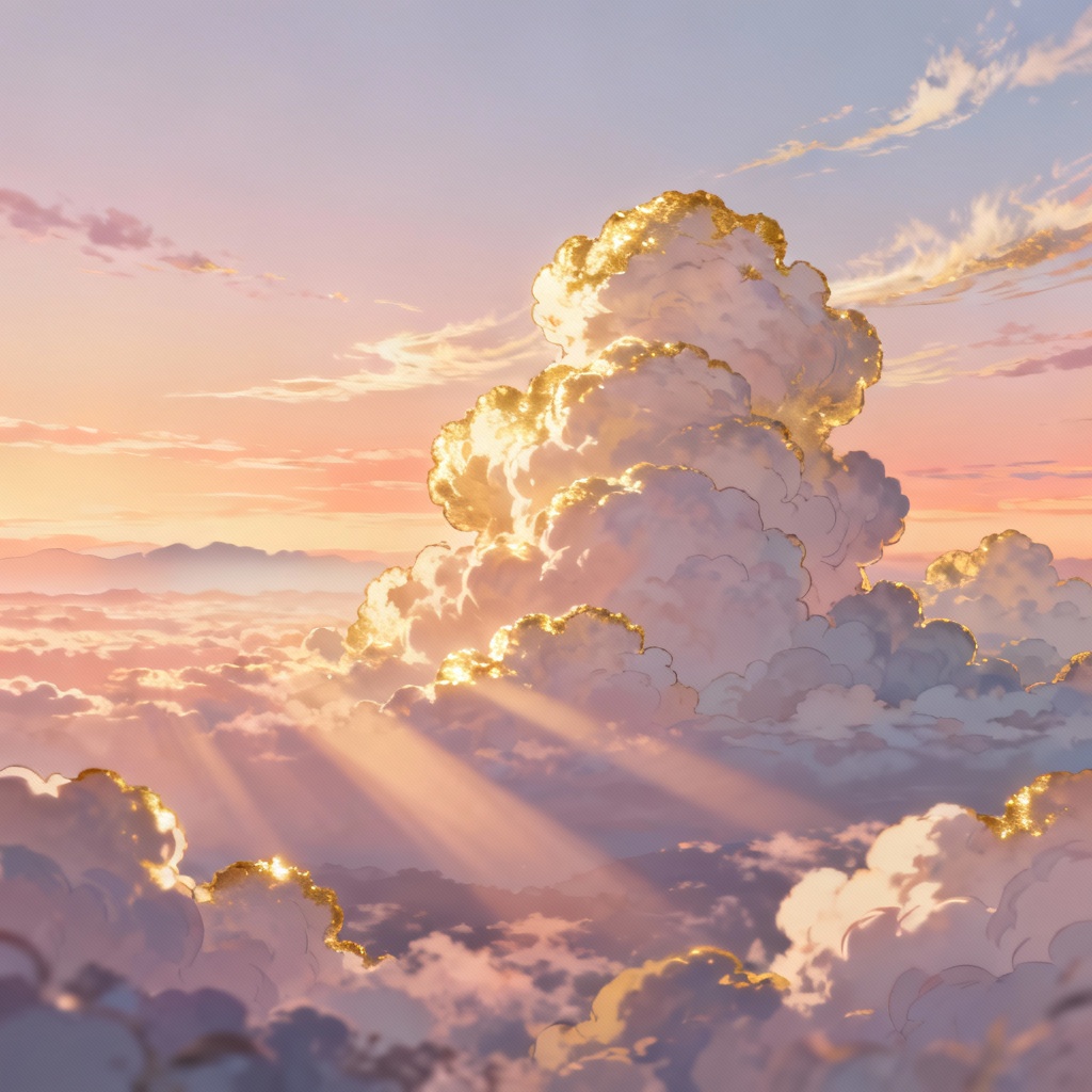 Vast sunset cloud sea with golden god rays in anime style