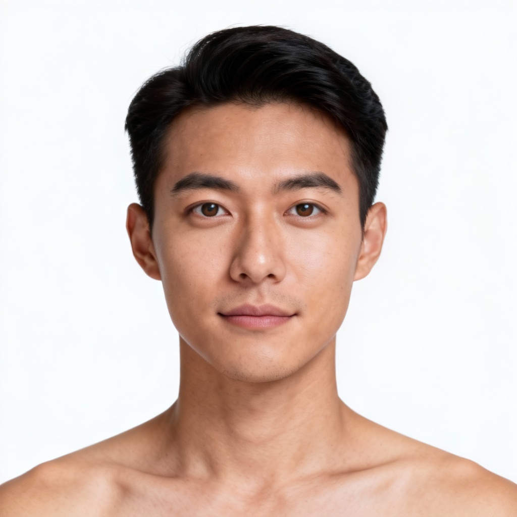 AI ID photo on white background, neutral expression, centered head