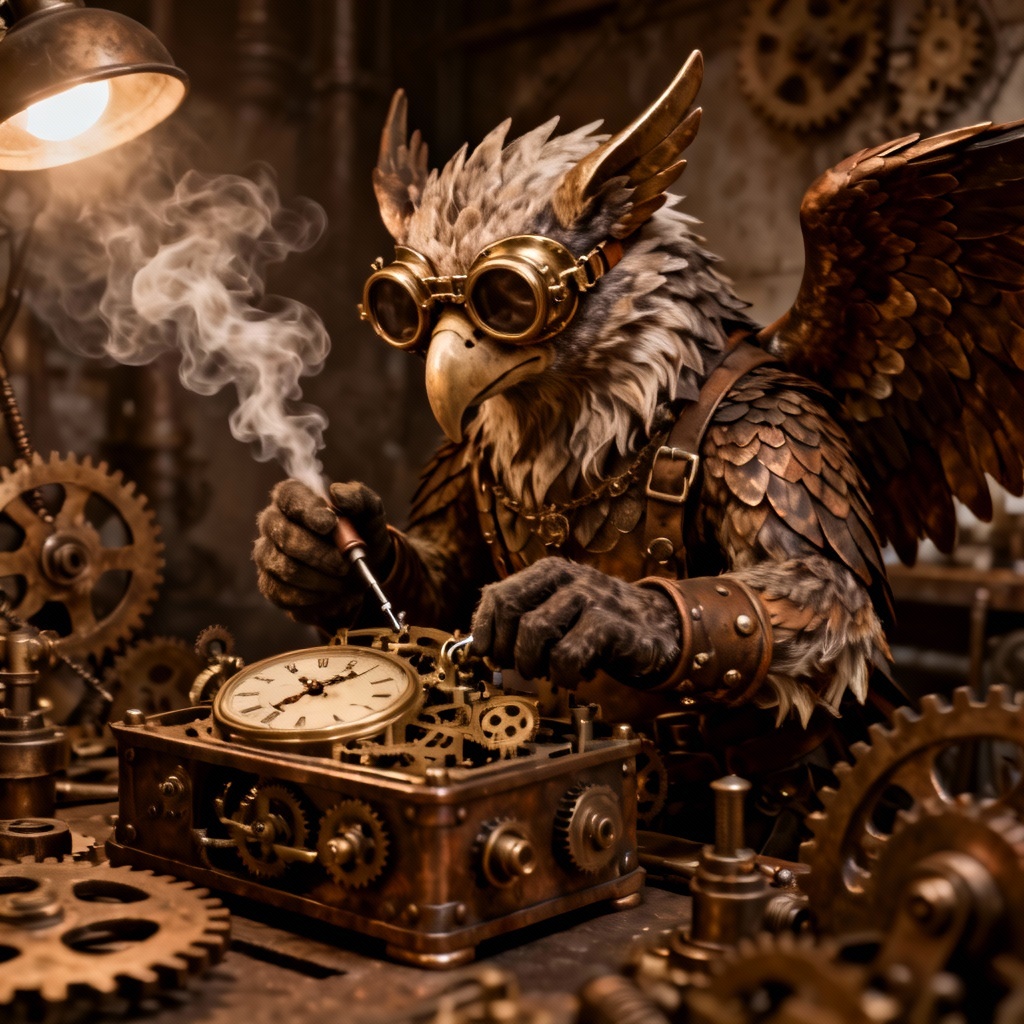 AI furry art of a steampunk gryphon engineer with gadgets