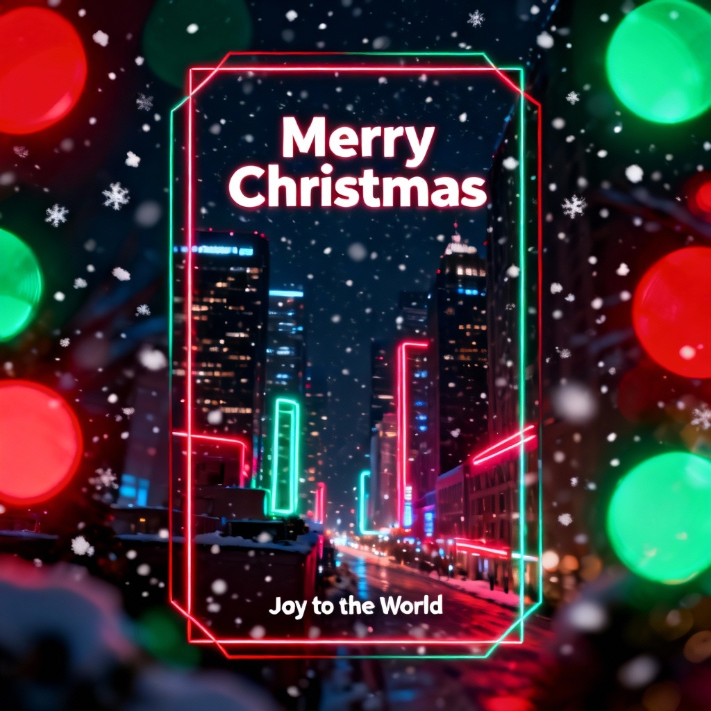 AI modern Christmas card with neon light bokeh