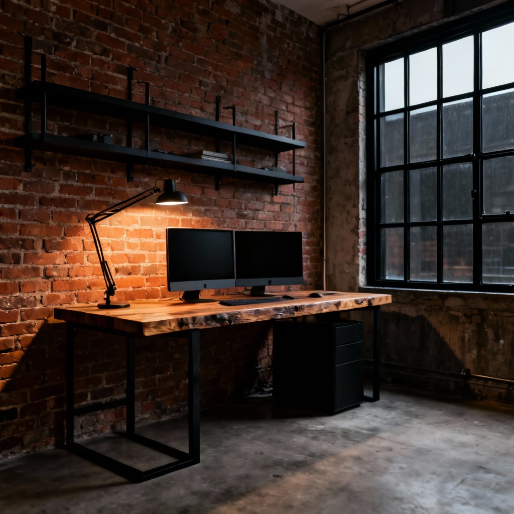 AI industrial loft home office with brick wall and metal shelving