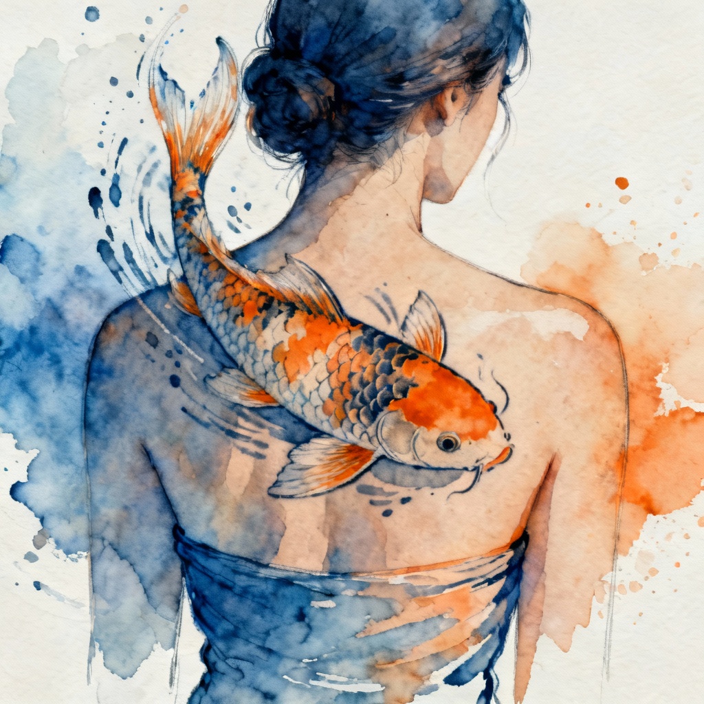 AI Watercolor Koi Full Back Tattoo