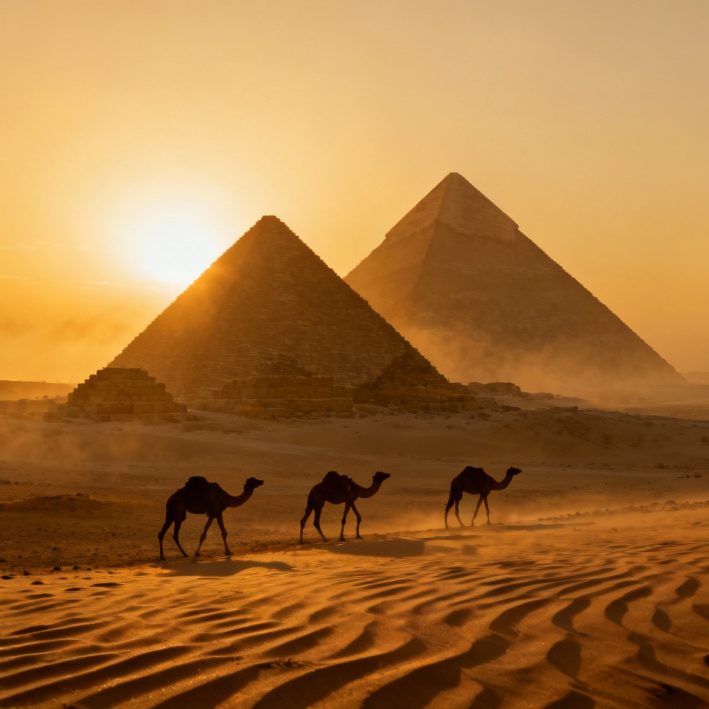 AI sunrise tour at pyramids in desert