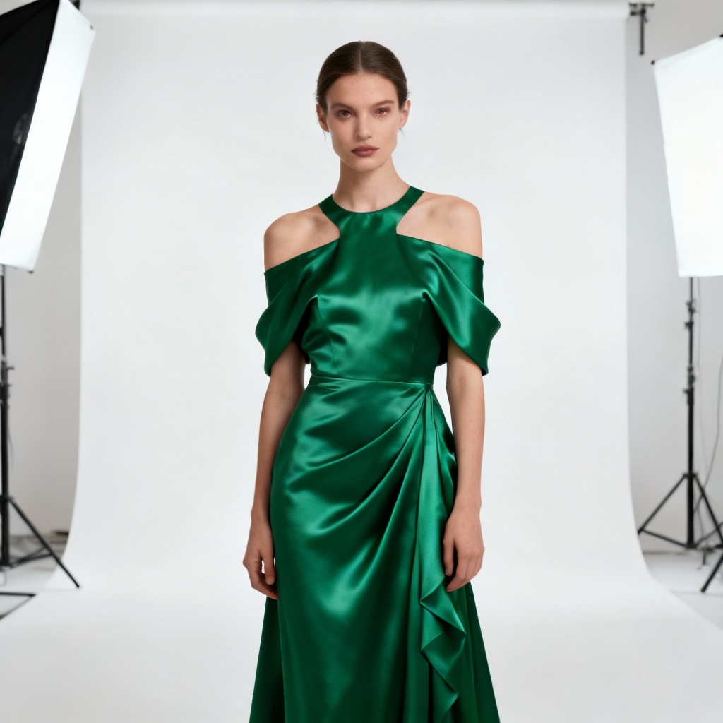 AI-generated emerald satin off-shoulder gown on studio background