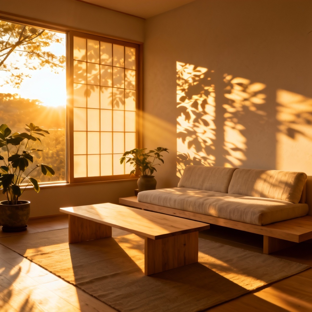 AI sunlit Japandi living room at golden hour with soft shadows