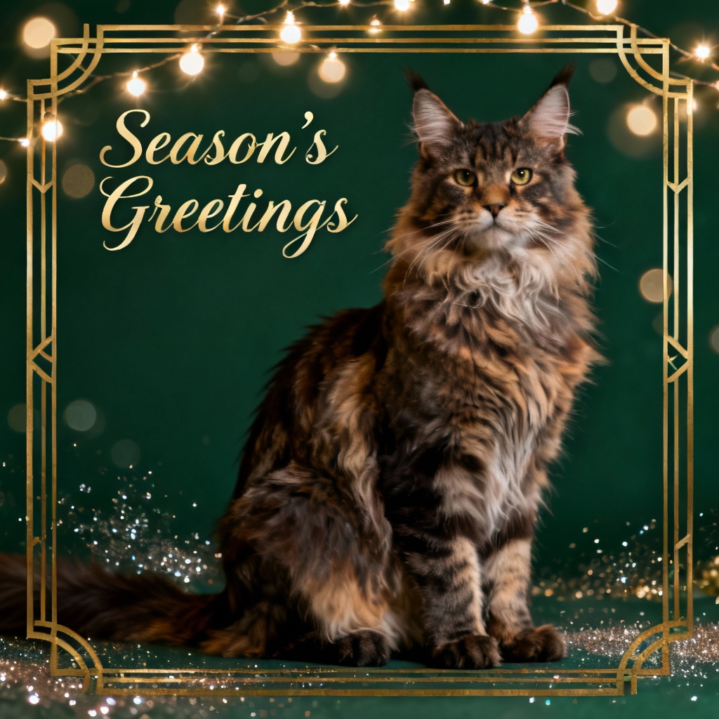 Elegant Maine Coon cat with fairy lights Christmas card