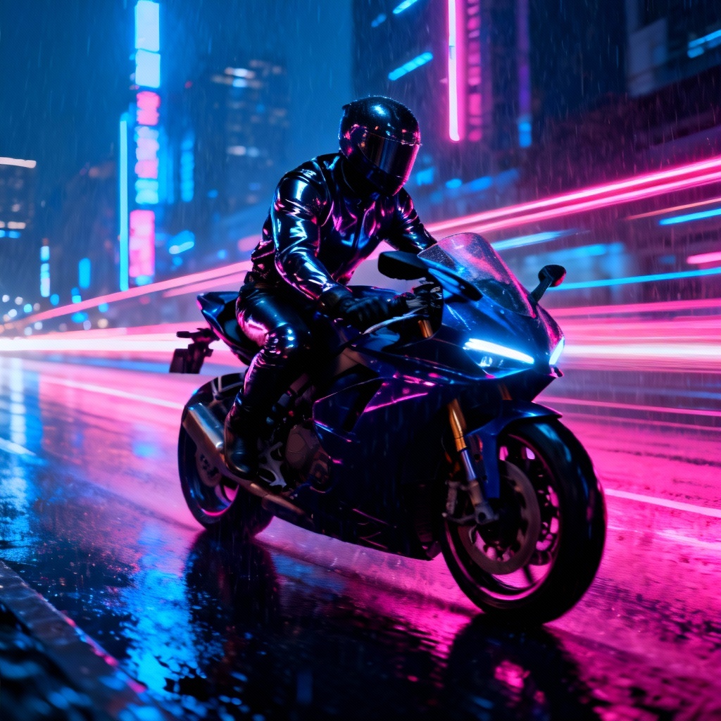 AI cyberpunk night biker in neon-lit city
