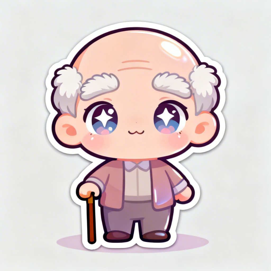 Chibi anime baby grandpa with cane and big eyes