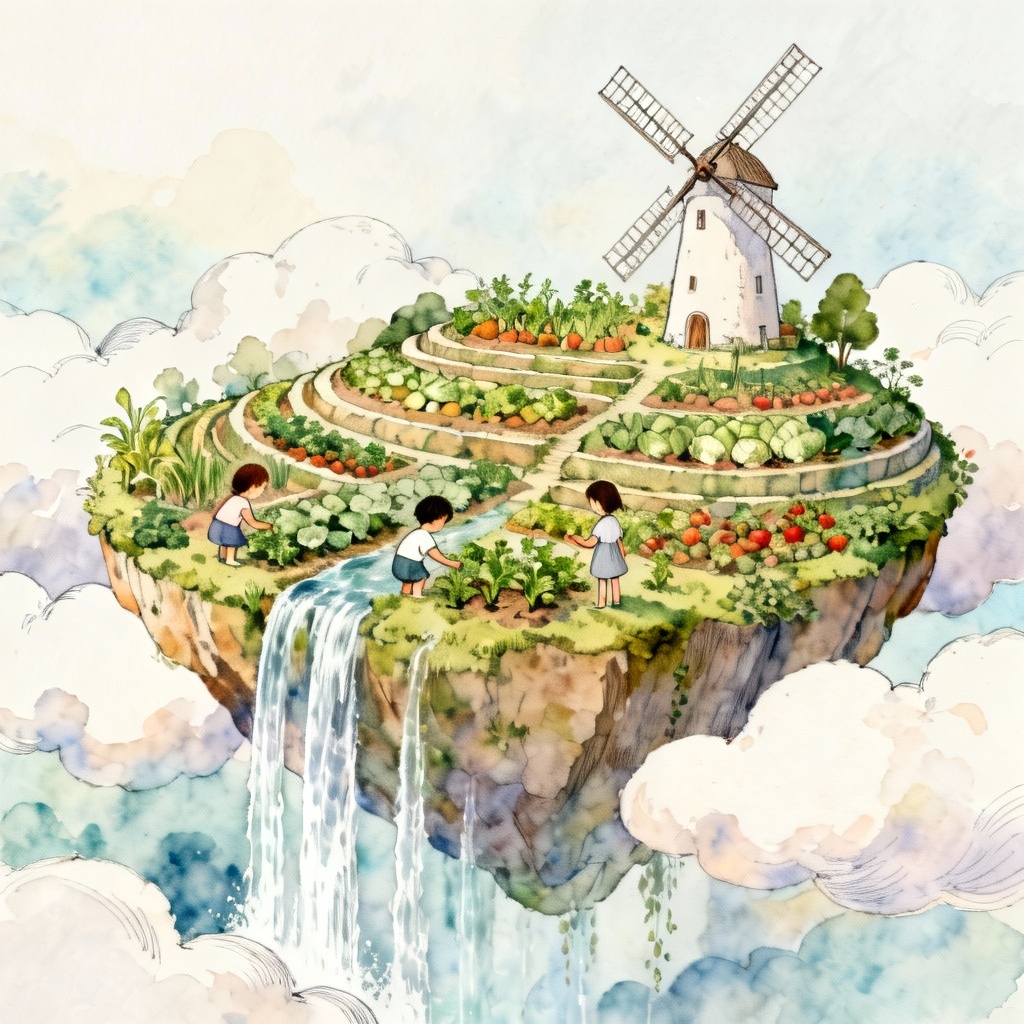Floating island garden with windmill in hand-painted fantasy style
