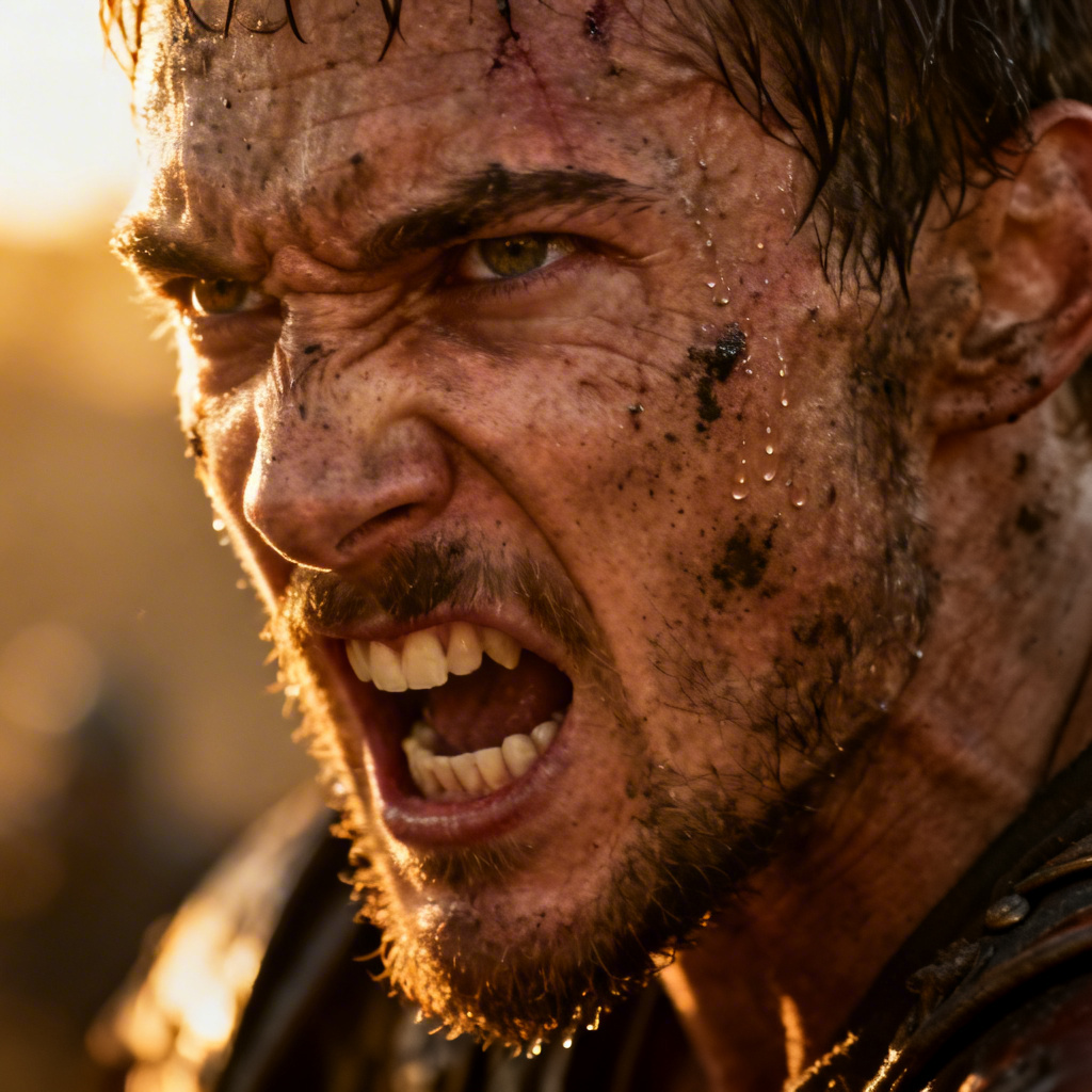 AI cinematic angry warrior face with battle dirt and glare