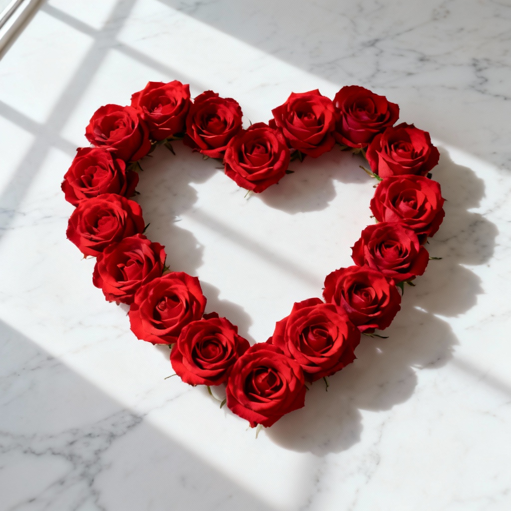 Heart-shaped red rose bouquet arranged on a white marble surface