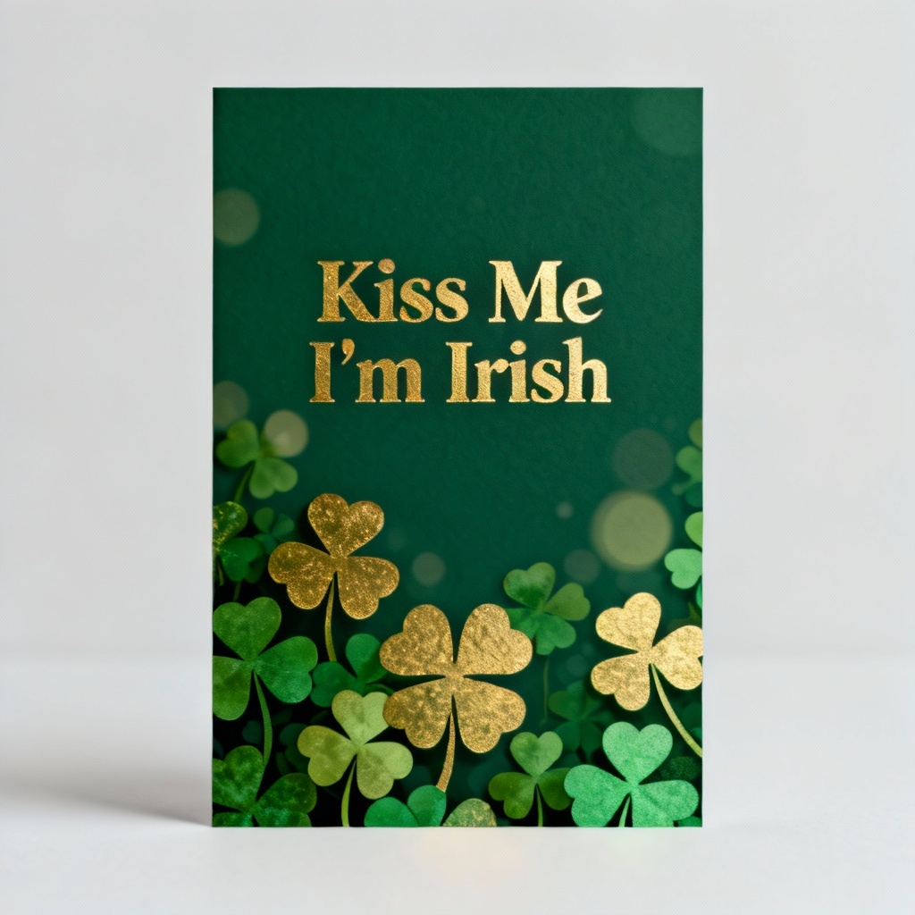 Elegant Kiss Me I'm Irish card with foil effect and clovers