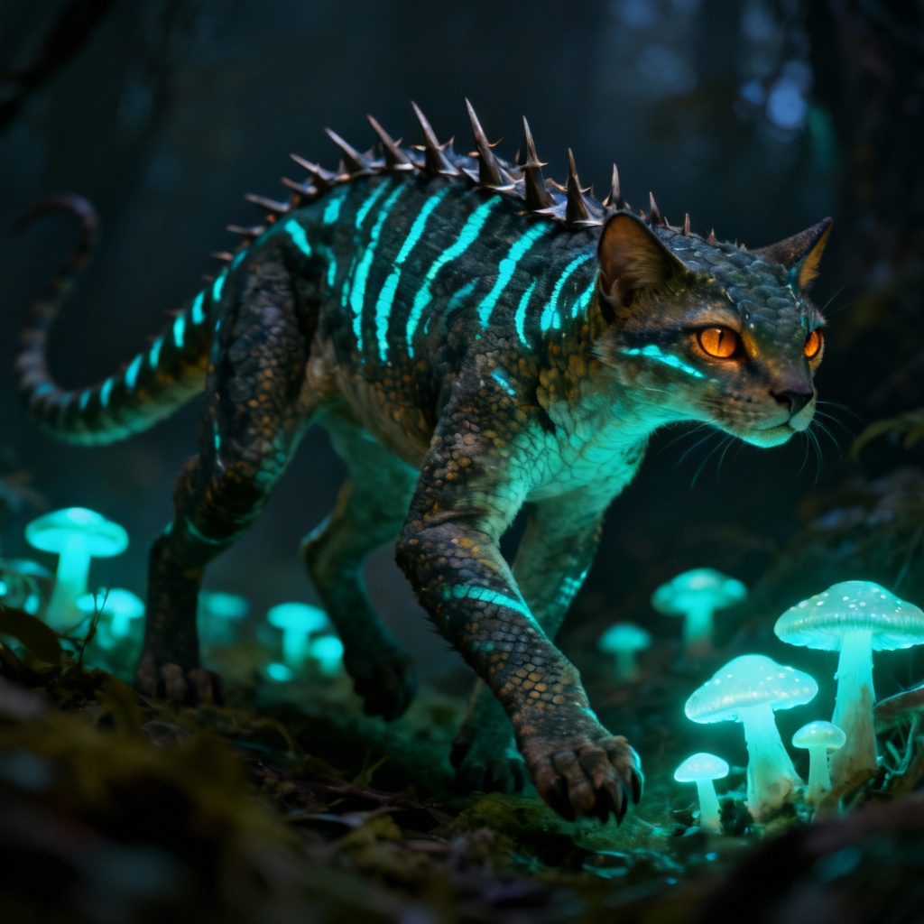 AI six-limbed predator with luminescent stripes in mushroom grove