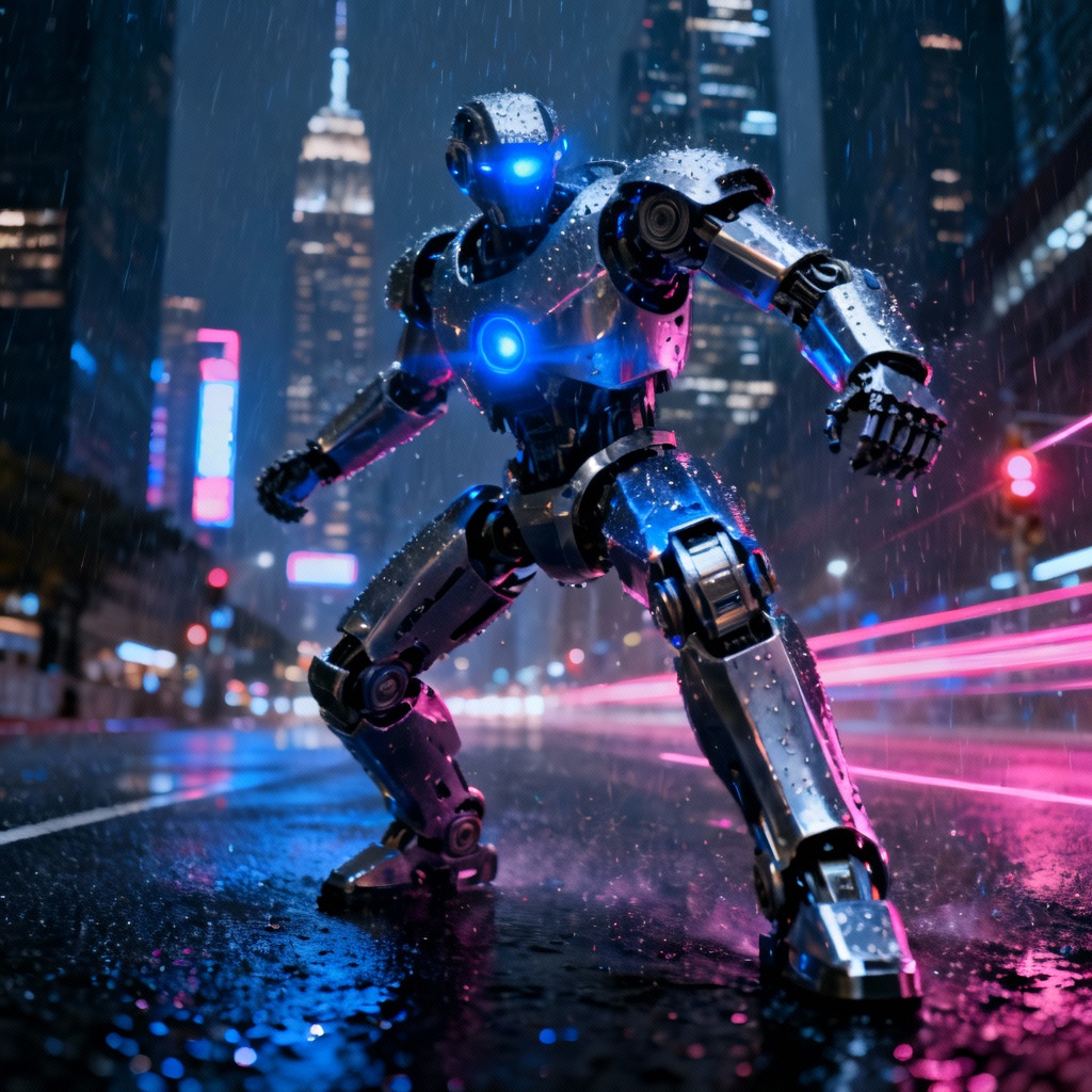 Cybernetic sentinel hero in neon city with chrome plating