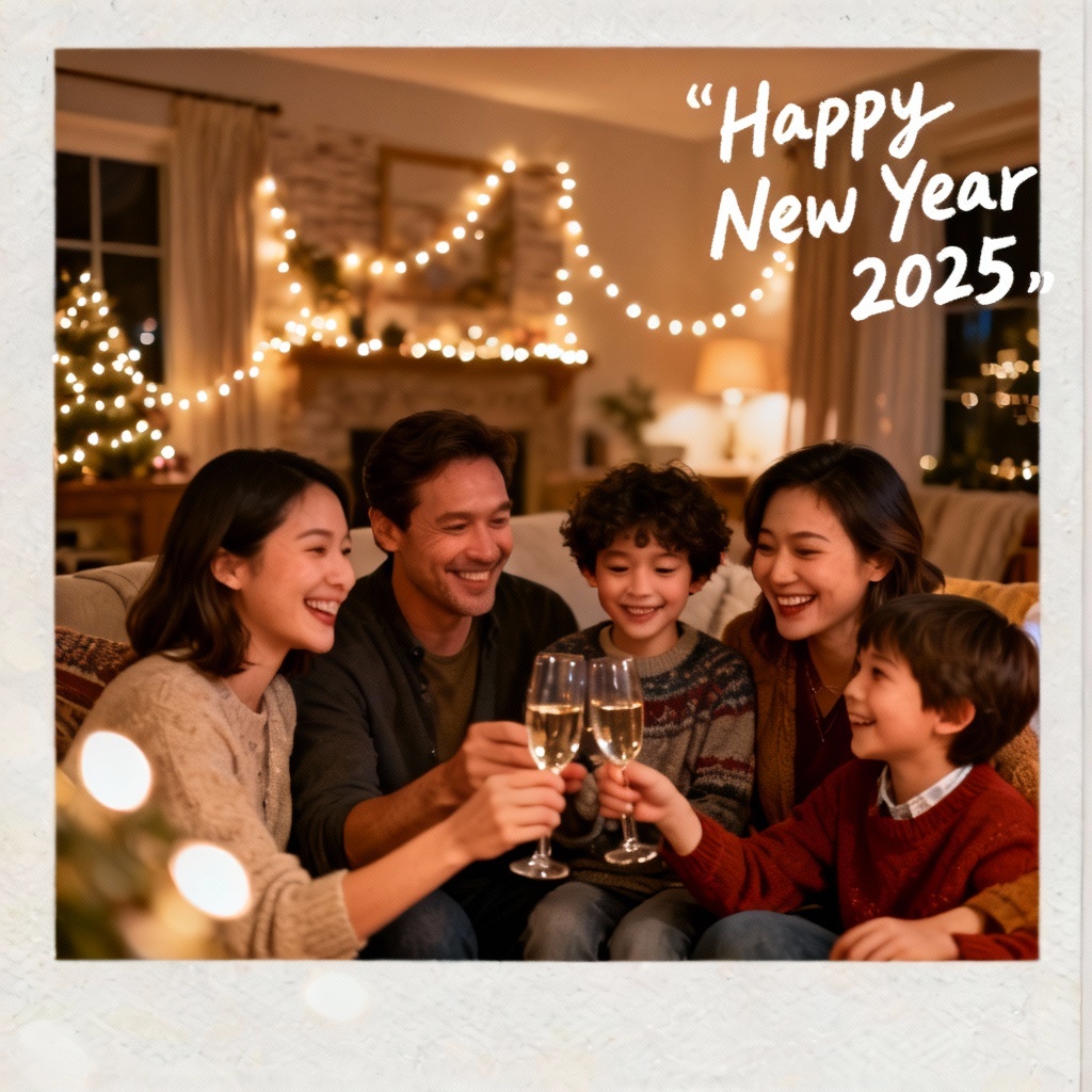 AI New Year Eve family greeting card with warm lights