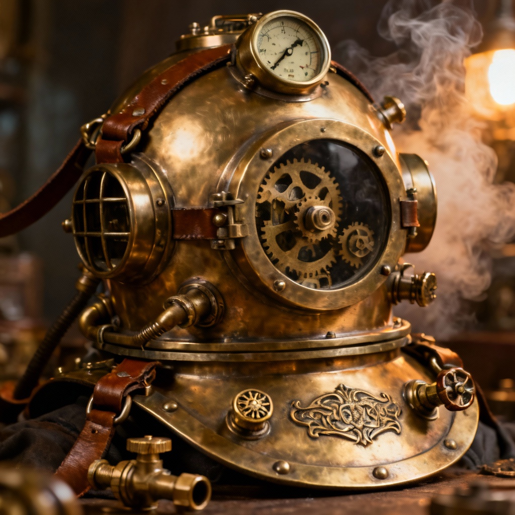 AI steampunk diving helmet with gears and gauges