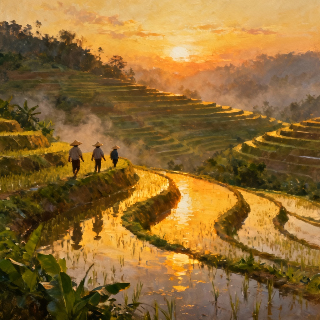 AI sunset over layered rice terraces with farmers