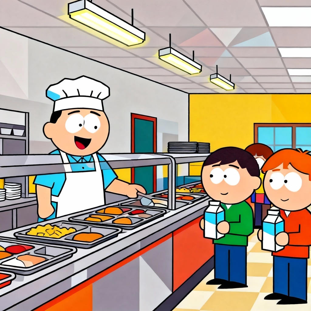 AI South Park style cafeteria scene