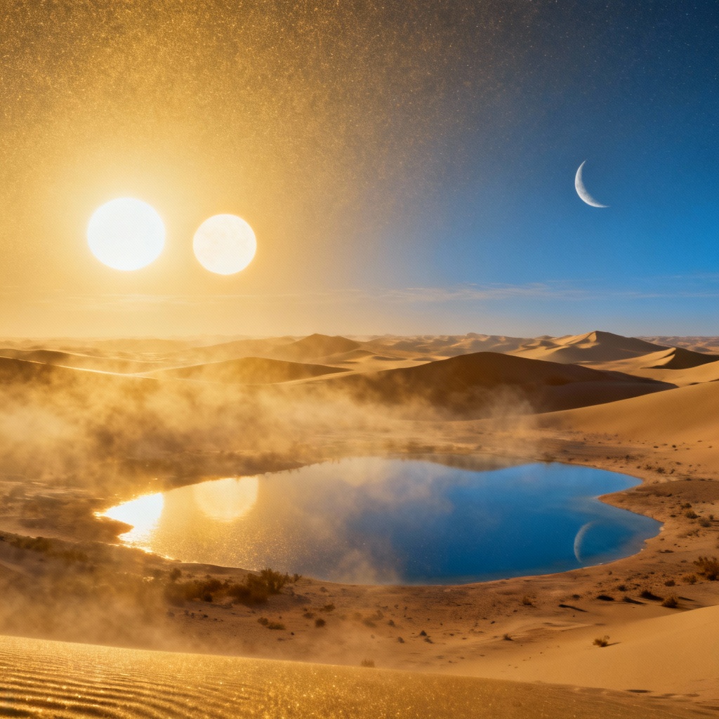 AI space art of binary stars over desert oasis