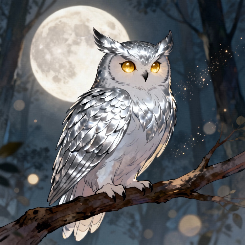 Anime owl spirit under moonlight with glowing eyes