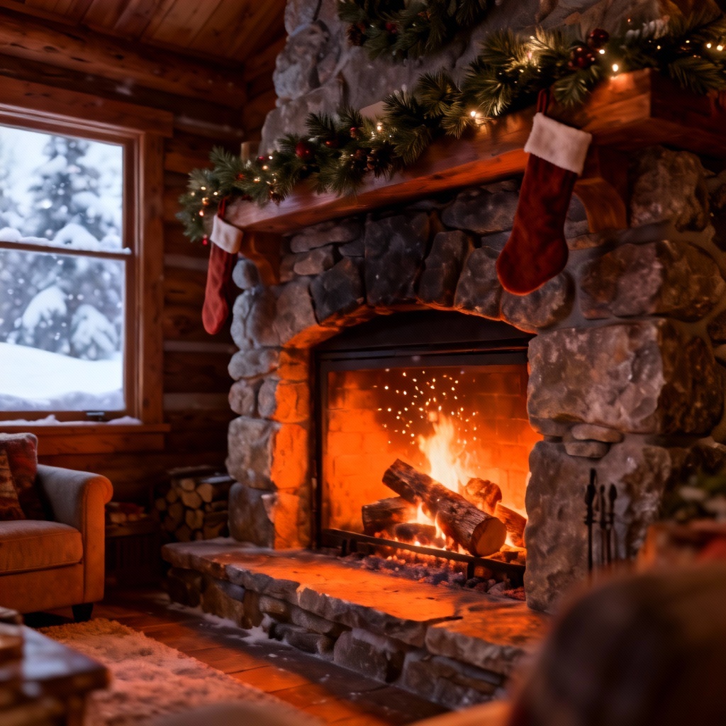AI Yule Log cozy maker rendering of a warm cabin fireplace