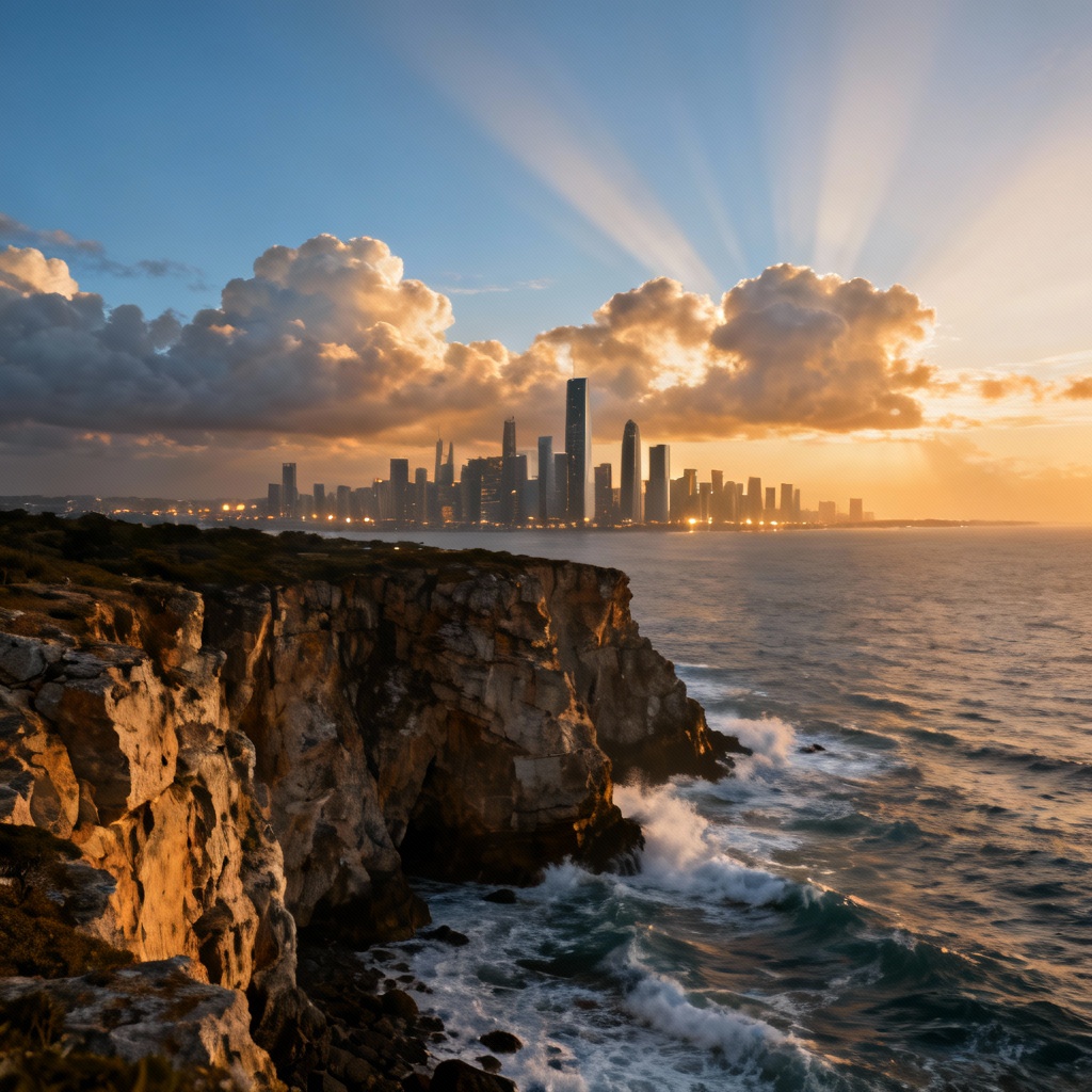 AI panorama generator hero image of cinematic coastal to city panorama