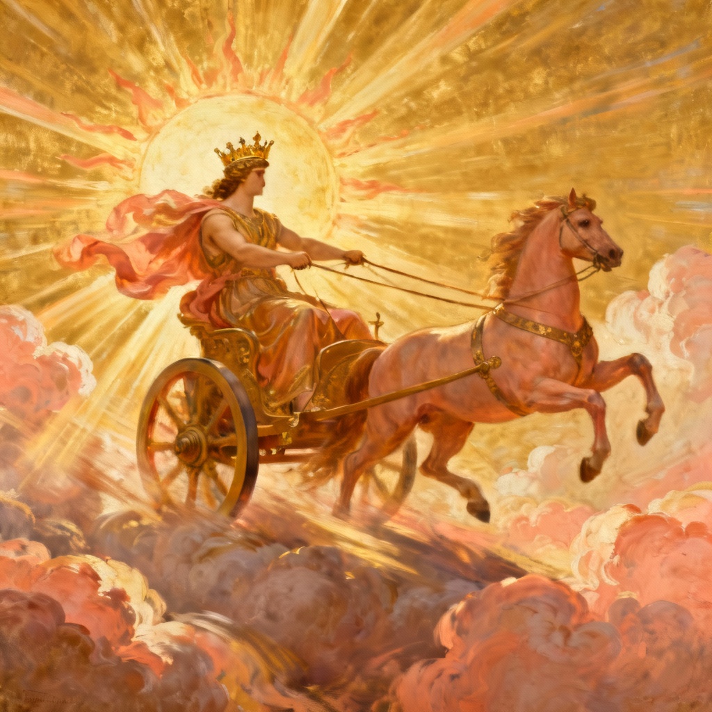 Solar deity driving a radiant chariot across the sky