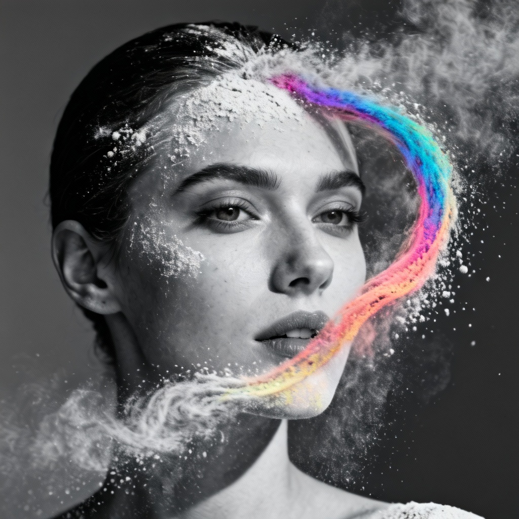 Monochrome portrait with selective color powder pop