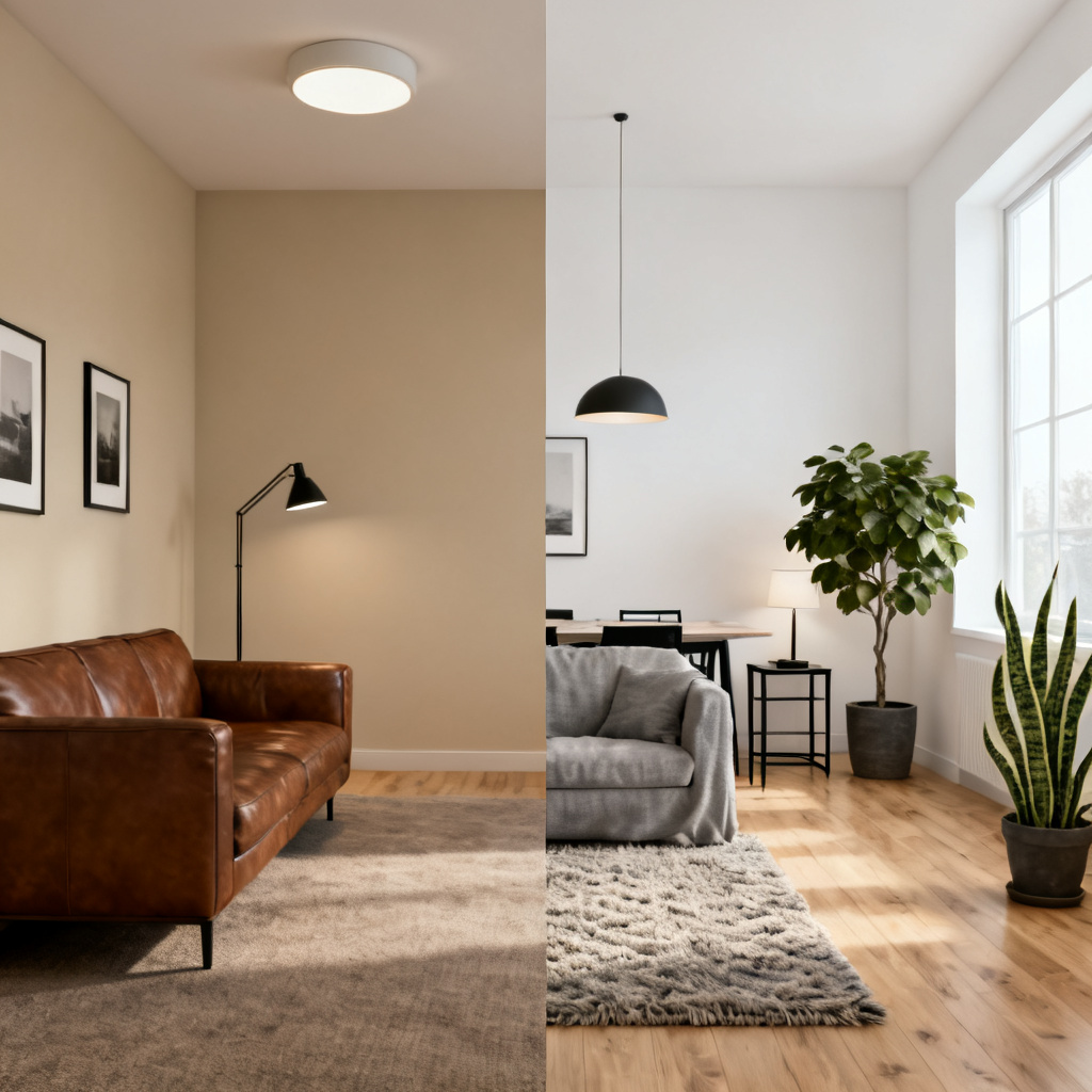 AI home design modern living room before and after