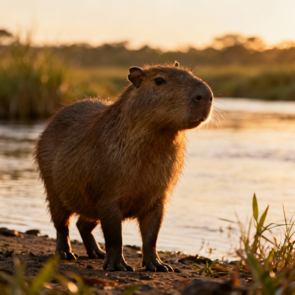 Realistic AI capybara on riverbank at sunset