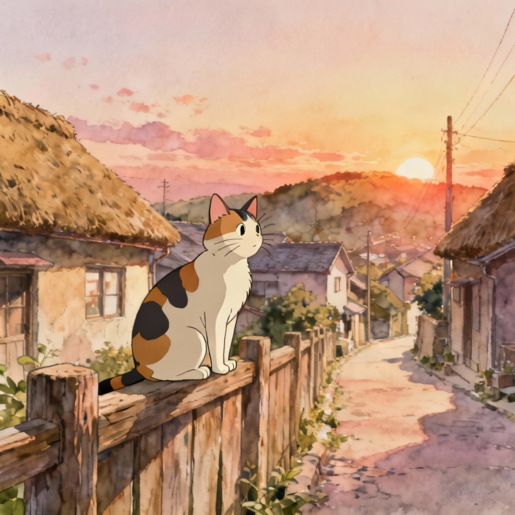 AI Ghibli-style calico cat in a cozy village at sunset