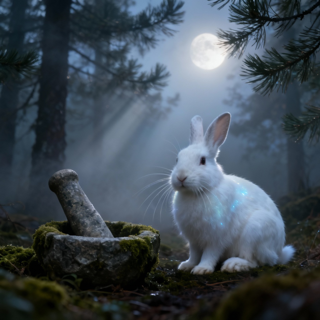Realistic rabbit in moonlit forest with stone pestle