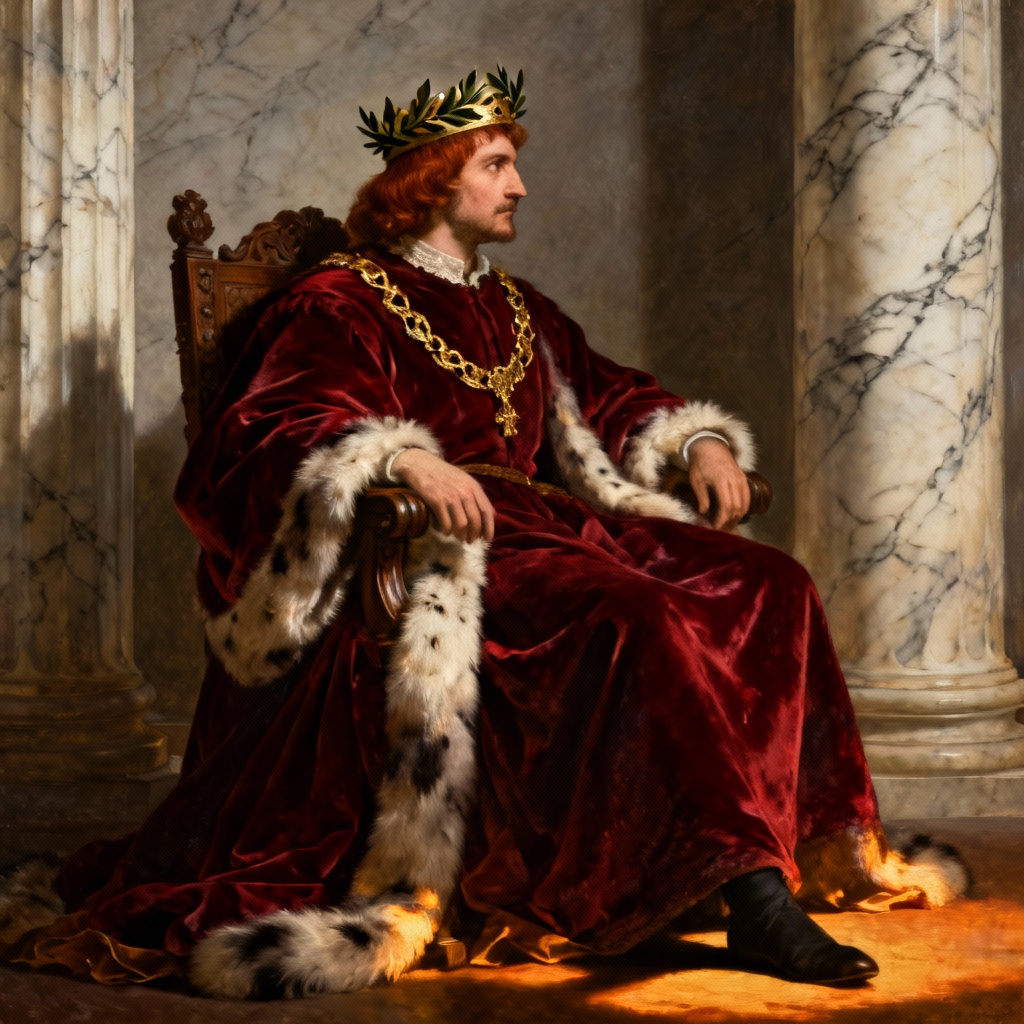 AI Renaissance king portrait in velvet cape and crown