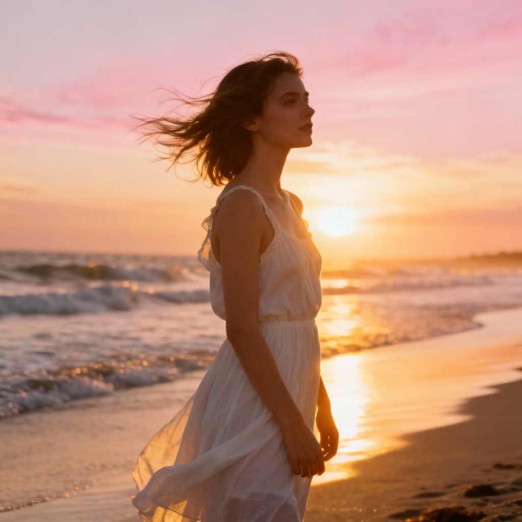 Beach day fake girlfriend in a breezy summer dress at sunset