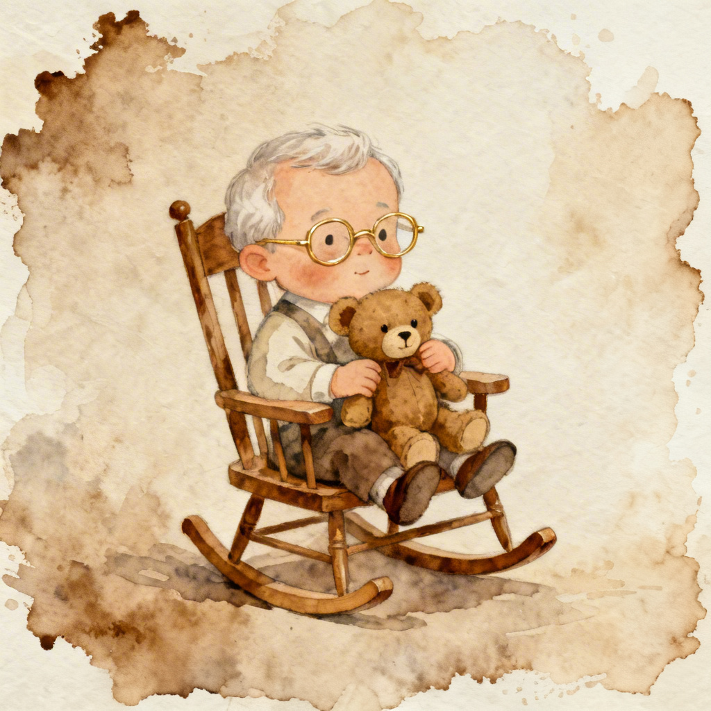 Watercolor storybook baby grandpa in rocking chair