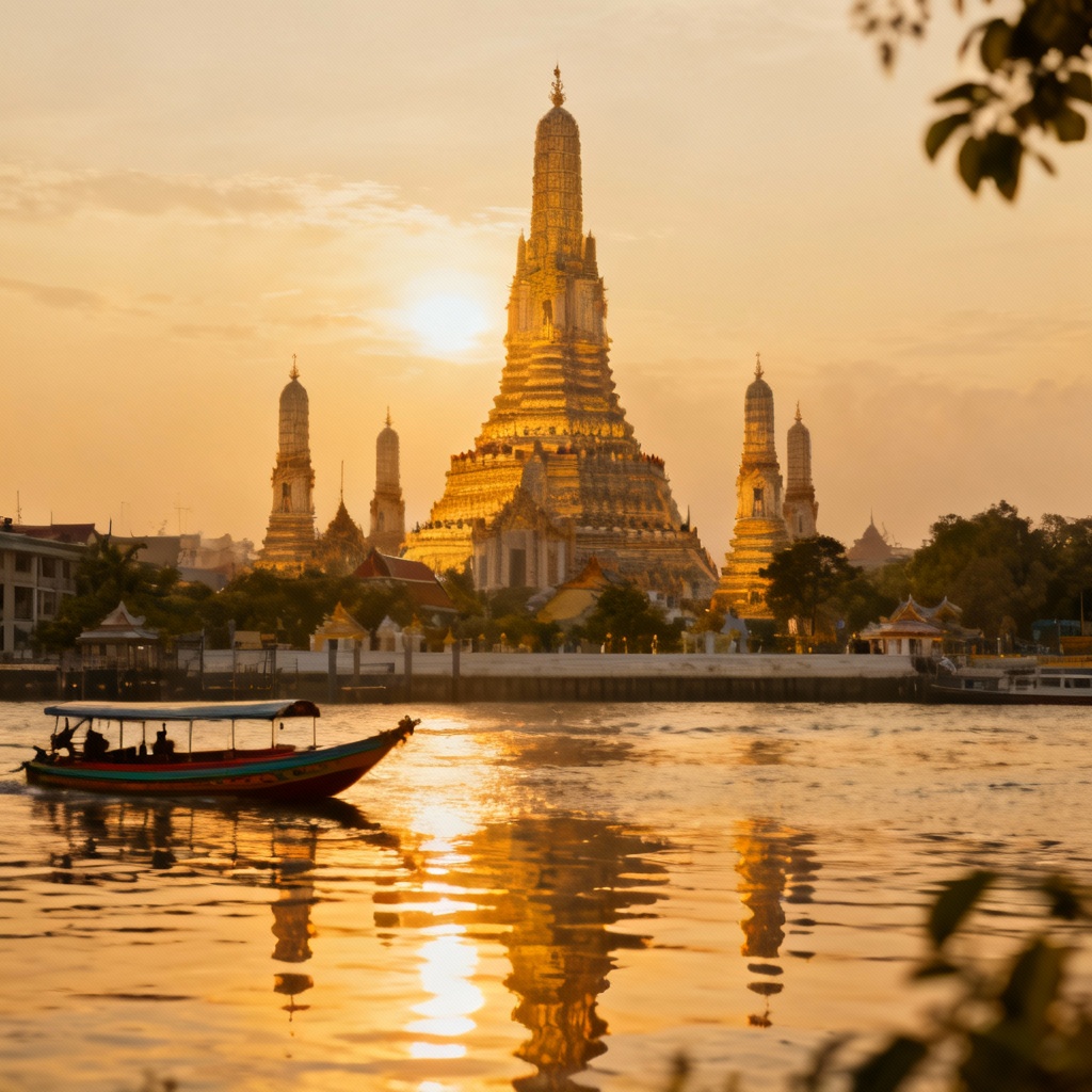 AI image of Wat Arun temple at sunset by the Chao Phraya River